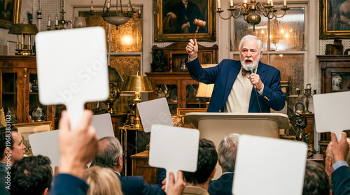 Experienced auctioneer energetically conducts a lively bidding session amidst a.