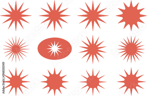 Red starburst and sunburst shapes collection for promotion price tags stickers badges and attention-grabbing graphic design elements