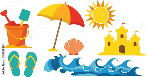 Summer beach vacation vector elements, colorful sand castle and sun icons, tropical holiday clip art set with umbrella and ocean waves