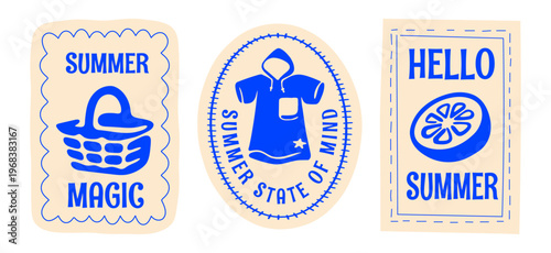 Retro Summer Beach Postcard Sticker Set with Picnic Basket, Changing Poncho, Citrus, Vintage Hand Drawn Travel Postage Stamp Signs Flat Vector Illustration for T-Shirt Prints, Poster, Sticker, Coastal