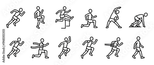 Collection of minimalist running icons showing an athlete in various poses including sprinting, stretching, jumping hurdles, and crossing the finish line for a race