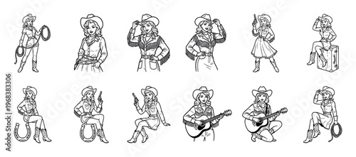 Set of retro cowgirl character illustrations in various poses with guns, lassos, and guitars, drawn in a classic black and white vintage pin-up comic book line art style