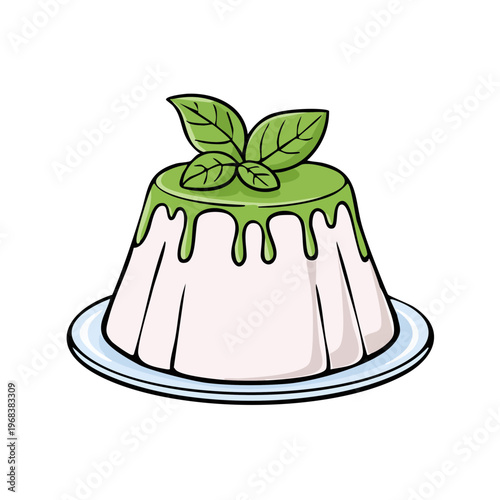 Dessert Panna Cotta with Green Mint Sauce and Fresh Mint Leaves on a Plate