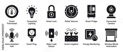 Smart home technology black glyph icon set with various connected devices for automation, including thermostat, lighting, lock, camera, robot vacuum, and voice assistant hub