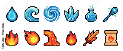 Pixel art game icons set with elemental magic spells and fantasy items like a flaming sword, ice crystal, magic potion, and ancient scroll for a retro RPG user interface