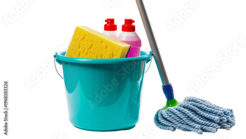 фотографія Vibrant turquoise cleaning bucket filled with yellow sponge and red liquid accom