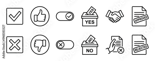 Set of black line art icons representing approval and rejection concepts like checkmarks, thumbs up, voting boxes, and stamped documents for positive and negative feedback