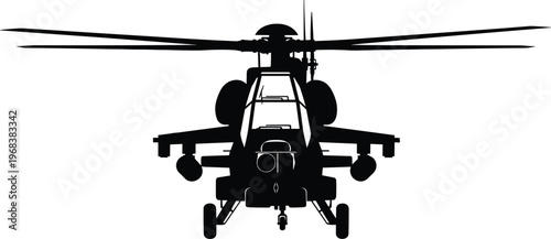 Attack helicopter silhouette front view, military aircraft vector illustration, armed combat chopper icon, isolated aviation graphic, black war machine design