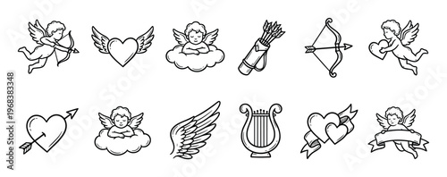 Collection of hand-drawn Valentine's Day icons featuring cute cupids, cherubs, hearts with wings, a bow and arrow, and a lyre in a black and white line art doodle style