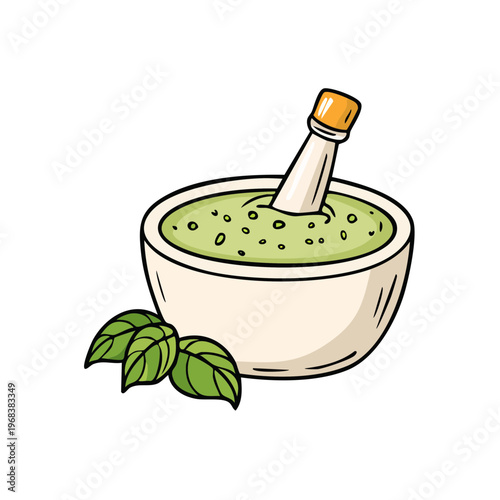 Hand-drawn illustration of a bowl of green pesto sauce with basil leaves and a pestle.