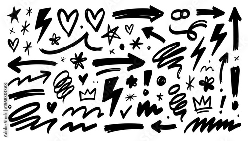 Hand drawn doodle notebook margin doodles set, playful sketchy ink pen border elements with clean black outlines, expressive vector collection, isolated on white background