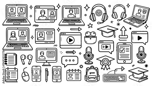 Hand drawn doodle online classes and e-learning icons set, fun sketchy ink pen education and digital learning elements, expressive vector collection, isolated on white background