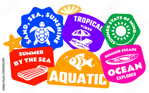 Tableau sur toile Bold Summer Beach Sticker pack with Beach Umbrella, Sea Turtle, Kayak, pool floa