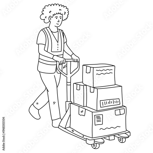 Logistics worker pushing manual pallet jack loaded with several heavy cardboard boxes