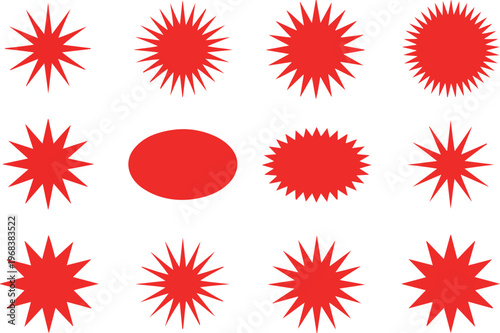 Red starburst and sunburst shapes collection for promotion price tags stickers badges and attention-grabbing graphic design elements