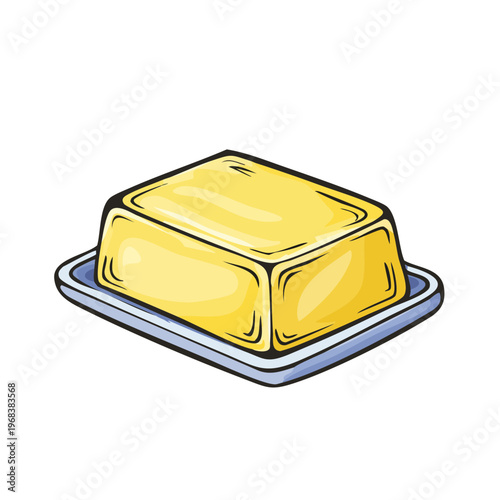 Yellow butter in a dish, hand-drawn illustration, food ingredient, kitchen essential