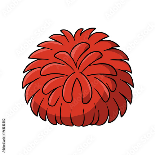 Bright red pompom with fluffy streamers for cheerleading and sports events