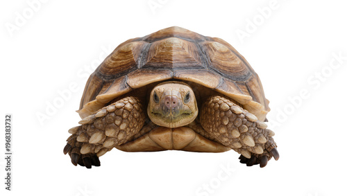 Tableau sur toile Detailed headshot of a brown and beige African spurred tortoise facing forward w