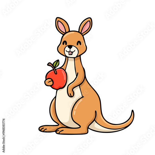 Cartoon Kangaroo Holding a Red Apple, Happy Australian Marsupial Illustration
