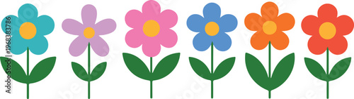 Cute colorful flower vector set with simple flat floral illustrations including leaves and stems for decoration and design projects