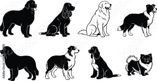 Black and white dog breed illustrations, side profile silhouettes, pet artwork, canine vector graphics, retriever spaniel shepherd collie pomeranian