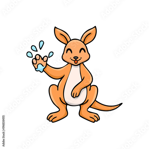 Cartoon Kangaroo Waving Paw with Water Splashes