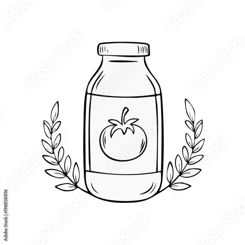 Hand Drawn Bottle of Tomato Sauce with Laurel Wreath Embellishment Simple Sketch