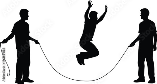 Silhouettes of three figures skipping rope together, dynamic motion, teamwork, rhythm, coordination, outdoor physical activity, childhood fun, fitness illustration