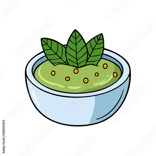 Whimsical cartoon bowl of green dip or sauce topped with fresh mint leaves and dotted with seeds