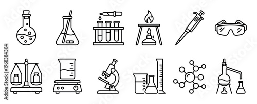 Set of chemistry laboratory equipment icons including a flask, beaker, microscope, and test tubes, rendered in a clean and simple black and white line art vector illustration style