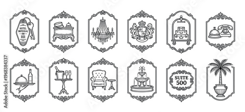 Twelve luxury hotel service line art icons in elegant vintage frames featuring a chandelier, room service, reception desk, luggage cart, fountain, and other hospitality symbols