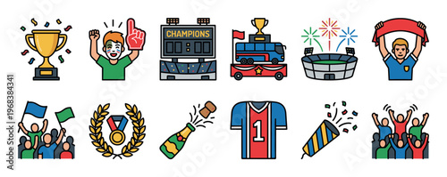 Collection of filled outline sport icons representing victory and championship celebration with a trophy, medal, cheering fans, stadium, and celebratory parade bus