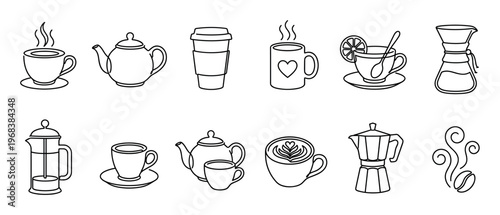 Set of twelve coffee and tea related icons in a minimalist black outline style, including a cappuccino, teapot, french press, moka pot, and various steaming hot drink cups