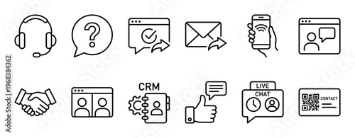 Set of black line icons for customer service and support, including a headset, live chat, CRM system, and communication symbols for business contact and client relationship management