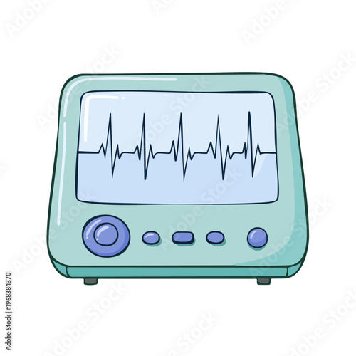 Cartoon illustration of a medical monitor displaying a healthy heart rhythm waveform on its screen