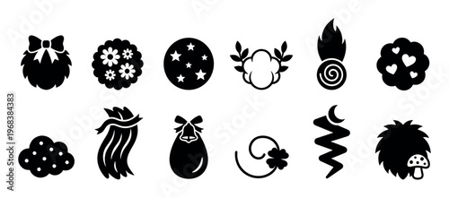 Set of black silhouette fantasy icons featuring whimsical nature and magic symbols such as a star ball, flower bouquet, lucky clover, and a cute hedgehog creature