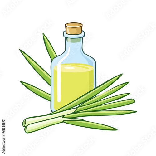 Clear glass bottle filled with golden lemongrass essential oil surrounded by fresh green lemongrass stalks and leaves