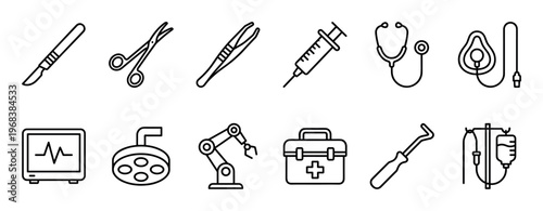Set of medical and surgical icons in a minimalist black line art style, featuring a scalpel, syringe, stethoscope, robotic arm, and other essential hospital equipment symbols