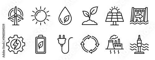 Set of renewable energy line icons representing sustainability, ecology, and green power sources like solar, wind, and hydro, presented in a minimalist black and white vector style