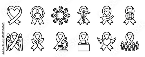 Awareness ribbon line icon set with symbols for health, charity, medical research, and community support, presented in a clean, minimalist black and white vector illustration