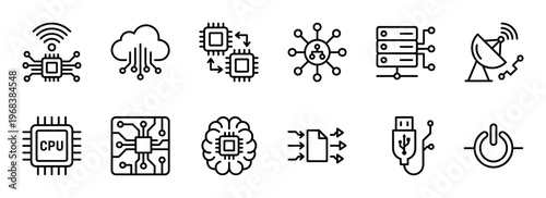 Set of black line technology icons representing concepts like cloud computing, CPU, artificial intelligence, data transfer, server, network, and wireless communication in a minimalist pictogram style