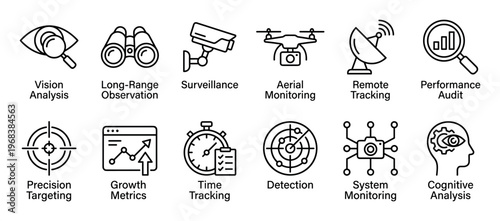 Collection of thin line vector icons for surveillance, analysis, and monitoring concepts, including symbols for remote tracking, performance audit, and cognitive analysis