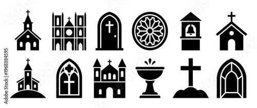 Collection of black Christian church icons featuring a cathedral, chapel, cross, bell tower, baptismal font, and stained glass window in a minimalist glyph style