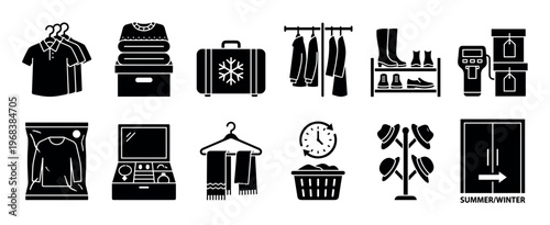 Collection of black glyph icons representing seasonal clothing storage, wardrobe organization, and laundry care, with symbols for summer and winter apparel management in a minimalist style