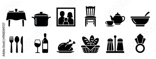 Family dinner icon set with black solid glyphs showing a dining table, roasted chicken, cutlery, wine, bread, and a family portrait in a clean minimalist vector style