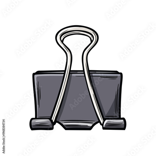Hand drawn illustration of a grey binder clip a simple office supply for organizing paper documents