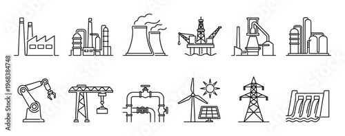 Collection of industrial and energy icons in a minimalist line art style, depicting a factory, refinery, power plant, oil rig, robotic arm, crane, and renewable sources