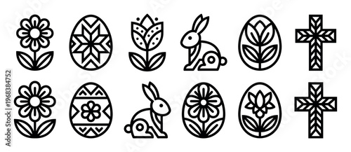 Collection of black outline Easter icons including decorated eggs, bunnies, flowers, and crosses in a simple geometric line art style for holiday celebration concepts