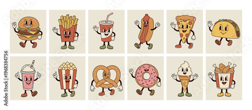 Set of retro fast food characters in a vintage 1930s cartoon style, featuring a smiling burger, pizza, fries, and other happy meal mascots with walking legs and gloved hands