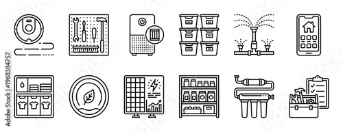 Collection of home management line icons including a robot vacuum, tool pegboard, air purifier, storage, solar panel, and smart home app in a minimalist black outline style